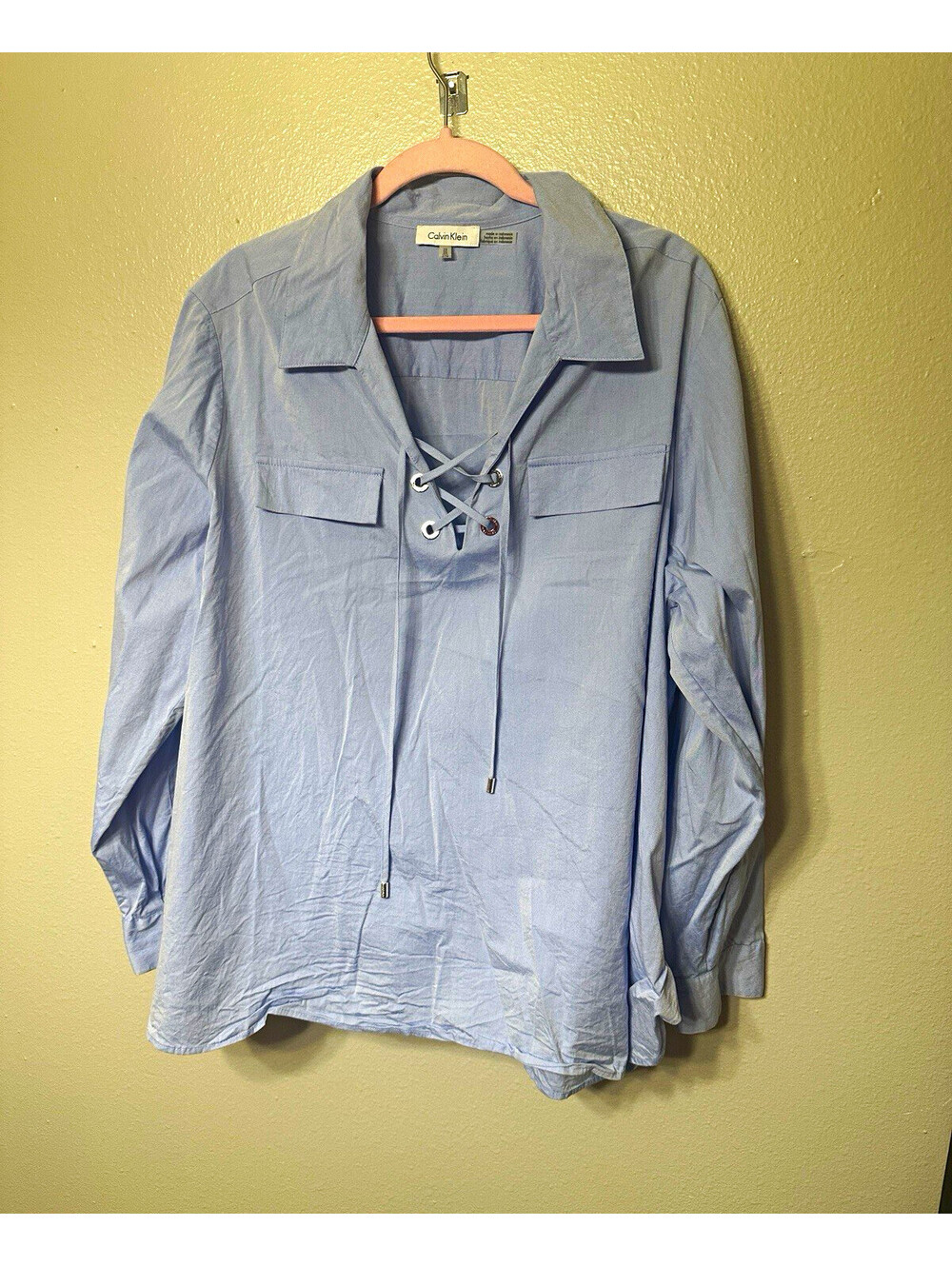 Calvin Klein Womens 2X Blue Lace Up V Neck Long Sleeve Tunic Blouse Plus Size
